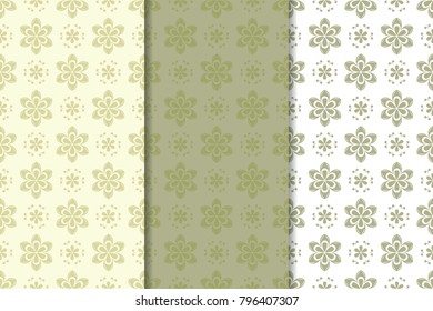 Olive green floral backgrounds. Set of seamless patterns for textile and wallpapers