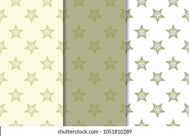 Olive green floral designs. Set of seamless patterns for textile and wallpapers