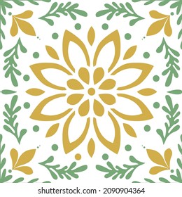 Olive green floral ornament. Seamless pattern for textile and wallpapers, Mandala Pattern Doodle Good Mood spring flower yellow and green.