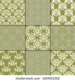 Olive green floral ornaments. Collection of seamless patterns for paper, textile