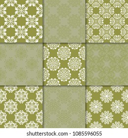 Olive green floral ornaments. Collection of seamless patterns for paper, textile