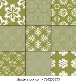 Olive green floral ornaments. Collection of seamless patterns for paper, textile