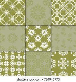 Olive green floral ornaments. Collection of seamless patterns for paper, textile