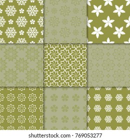 Olive green floral ornaments. Collection of seamless patterns for paper, textile