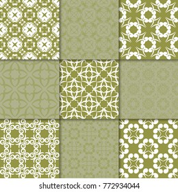 Olive green floral ornaments. Collection of seamless patterns for paper, textile