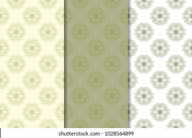 Olive green floral seamless ornaments. Set of vertical patterns for textile and wallpapers