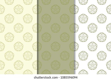 Olive green floral seamless ornaments. Set of vertical patterns for textile and wallpapers