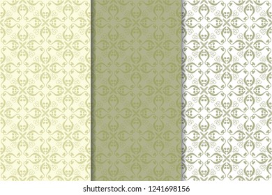 Olive green floral seamless ornaments. Set of vertical patterns for textile and wallpapers