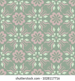 Olive green floral seamless pattern with pale pink elements. Background with flower designs for wallpapers, textile and fabrics