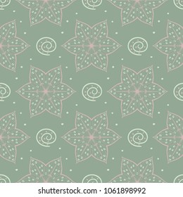 Olive green floral seamless pattern with pale pink elements. Background with flower designs for wallpapers, textile and fabrics
