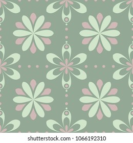 Olive green floral seamless pattern with pale pink elements. Background with flower designs for wallpapers, textile and fabrics