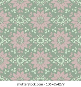 Olive green floral seamless pattern with pale pink elements. Background with flower designs for wallpapers, textile and fabrics