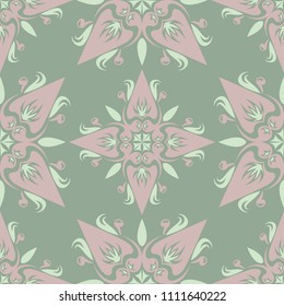 Olive green floral seamless pattern with pale pink elements. Background with flower designs for wallpapers, textile and fabrics