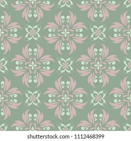 Olive green floral seamless pattern with pale pink elements. Background with flower designs for wallpapers, textile and fabrics