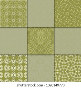 Olive green geometric ornaments. Collection of seamless patterns for web, textile and wallpapers