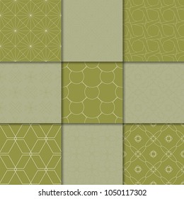 Olive green geometric ornaments. Collection of seamless patterns for web, textile and wallpapers