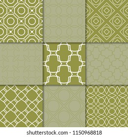 Olive green geometric ornaments. Collection of seamless patterns for web, textile and wallpapers