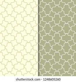Olive green geometric ornaments. Set of seamless patterns