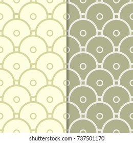 Olive green geometric ornaments. Set of seamless patterns for web, textile and wallpapers
