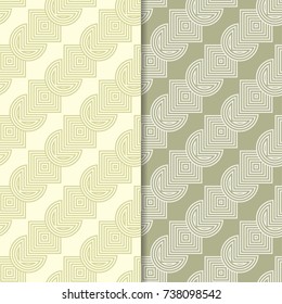 Olive green geometric ornaments. Set of seamless patterns for web, textile and wallpapers