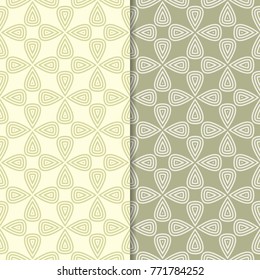 Olive green geometric ornaments. Set of seamless patterns for web, textile and wallpapers