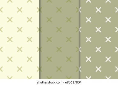 Olive green geometric seamless backgrounds. Set of abstract patterns