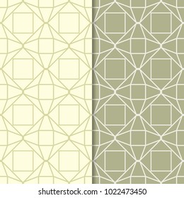 Olive green geometric set of seamless patterns for web, textile and wallpapers