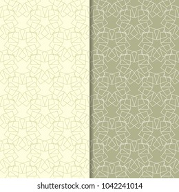 Olive green geometric set of seamless patterns for web, textile and wallpapers