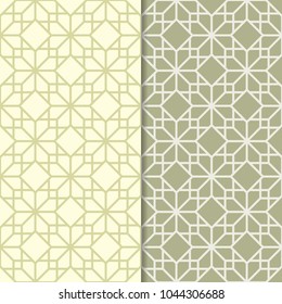 Olive green geometric set of seamless patterns for web, textile and wallpapers