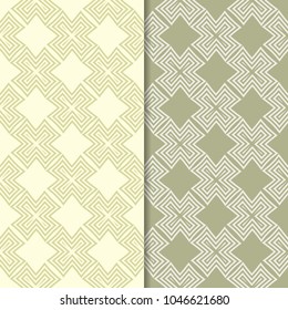 Olive green geometric set of seamless patterns for web, textile and wallpapers