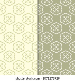 Olive green geometric set of seamless patterns for web, textile and wallpapers