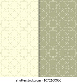 Olive green geometric set of seamless patterns for web, textile and wallpapers
