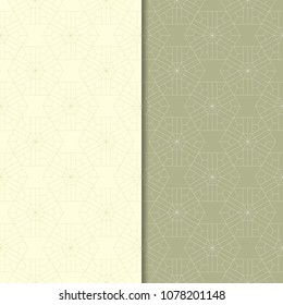 Olive green geometric set of seamless patterns for web, textile and wallpapers