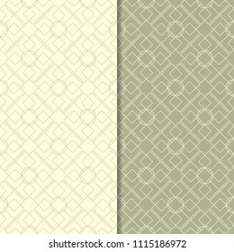Olive green geometric set of seamless patterns for web, textile and wallpapers