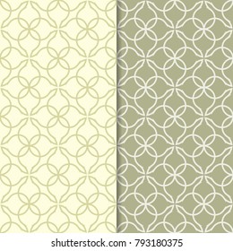 Olive green geometric set of seamless patterns for web, textile and wallpapers