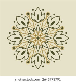 An olive green and gold mandala on a white background creates a symmetrical and ornate design, suitable for decorative purposes.