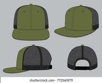 Olive green hip hop cap with mesh black at side and back panels, adjustable snap back closure strap design on gray background, vector file.