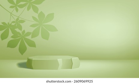 Olive green or khaki colored studio background with 3D stone podium and leaves shadow on wall. Monochrome gradient, light spot. Empty vector horizontal banner, HD template for product presentation.