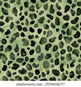 Olive green leopard print pattern with black spots. animal skin vector illustration. Watercolor print in rustic vintage style, textile or wallpapers.