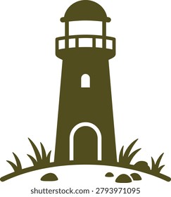 Olive green lighthouse illustration on white background with grass and rocks
