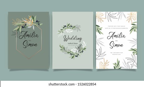olive green Luxury Wedding Invitation, floral invite thank you, rsvp modern card Design in golden olive leaf greenery  branches decorative Vector elegant rustic template
