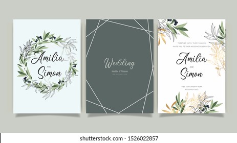olive green Luxury Wedding Invitation, floral invite thank you, rsvp modern card Design in golden olive leaf greenery  branches decorative Vector elegant rustic template