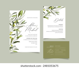 Olive Green Luxury Wedding Invitation, watercolor floral invite, modern card Design greenery olive branches