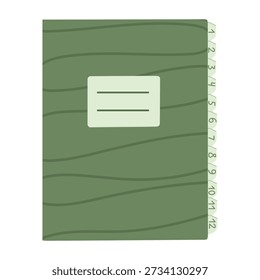 Olive green notebook with wavy lines pattern and 12 numbered side tabs. Monthly planner or organized directory stationery