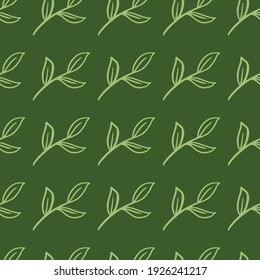 Paleta verde oliva sin soldadura con ramas de hojas dibujadas a mano. Fondo decorativo para el diseño de tejidos, impresión textil, envoltura, cubierta. Ilustración vectorial.