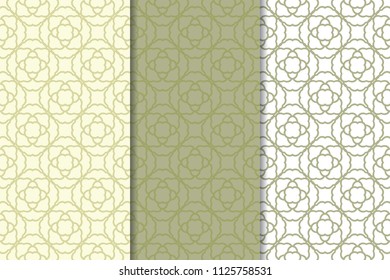 Olive green set of floral ornaments. Seamless patterns for textile and wallpapers
