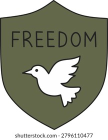 Olive green shield with the word freedom and a white flying dove, illustration of a peace symbol representing liberty, hope and freedom, isolated on white background
