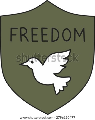 Olive green shield with the word freedom and a white flying dove, illustration of a peace symbol representing liberty, hope and freedom, isolated on white background