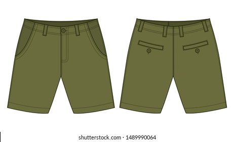Olive Green Short Pants Template Vector On White Background.Front And Back View.