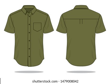 Olive Green Short Sleeve Uniforms Shirt With One Pocket Template Vector On White Background. Front And Back View.